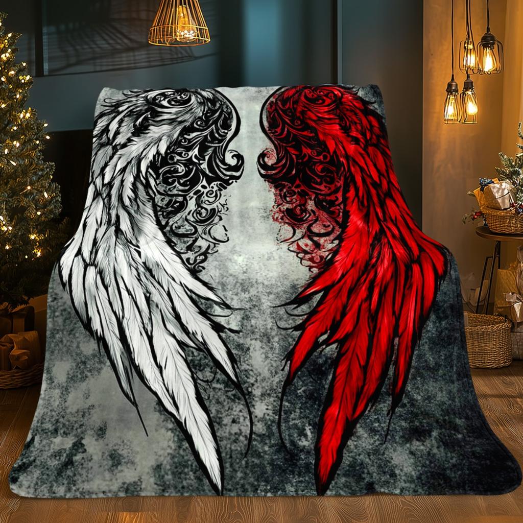 Angel Devil Wings Tattoo Style Blanket Flannel Soft Throw Artistic Design Gothic Aesthetic Home Decor Gift for Fashion Lovers
