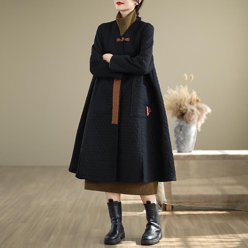 

Ретро Дисковая Пряжка Модный Ромбовидный Хлопковый Ветрозащитный Плащ Женский Зимний Западный Стиль Женская Куртка Средней Длины S чёрный