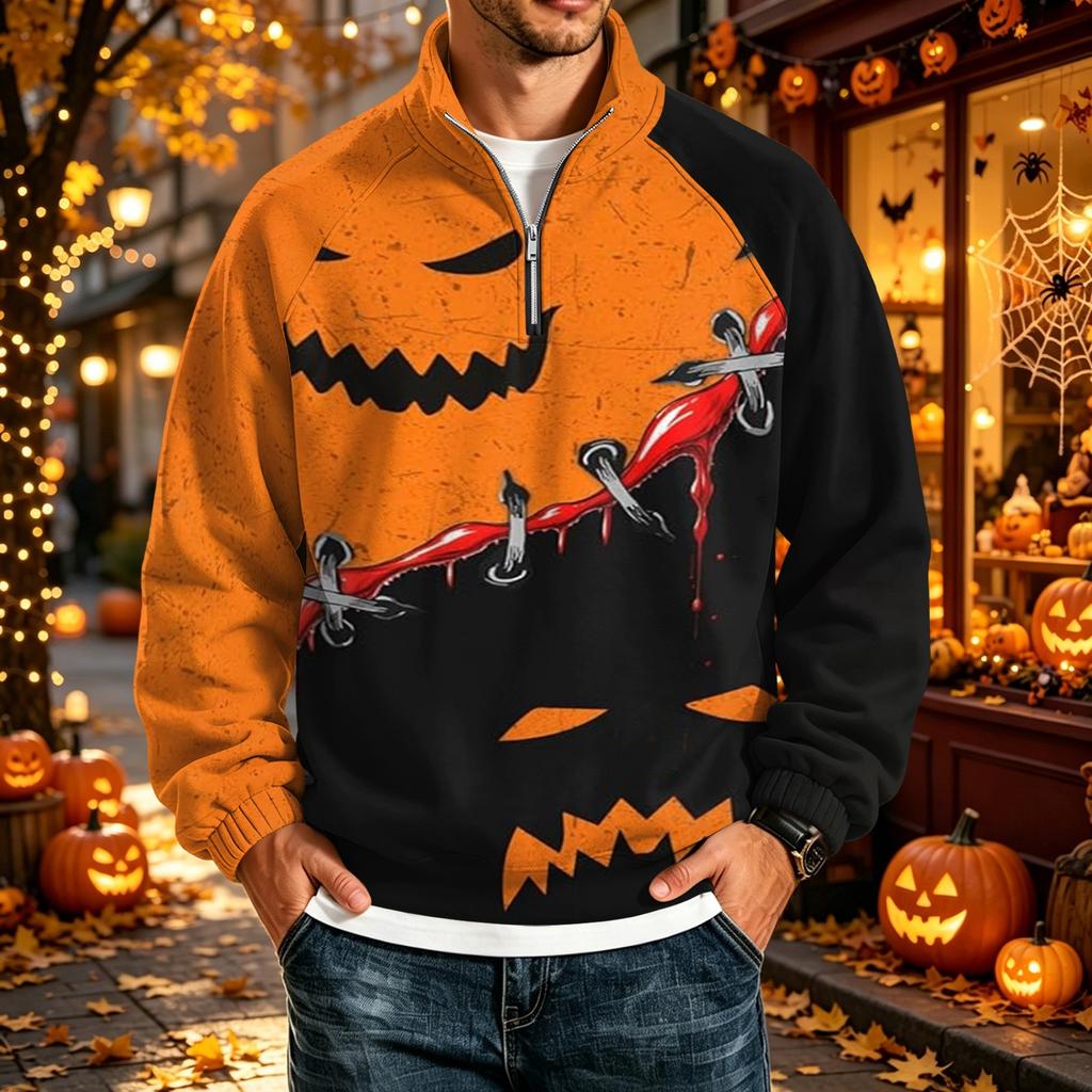 Men's Loose Fit Raglan Sleeve Sweatshirt with Stand Collar and Halloween Print for Parties and Daily Wear