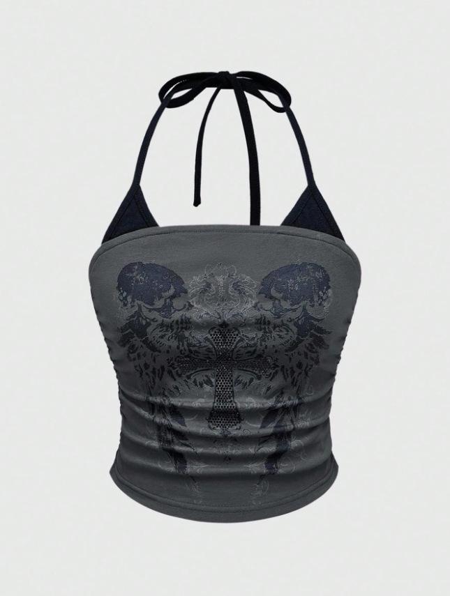 Y2K Spicy Girl Retro Wing Print Lace-up Bandeau Top