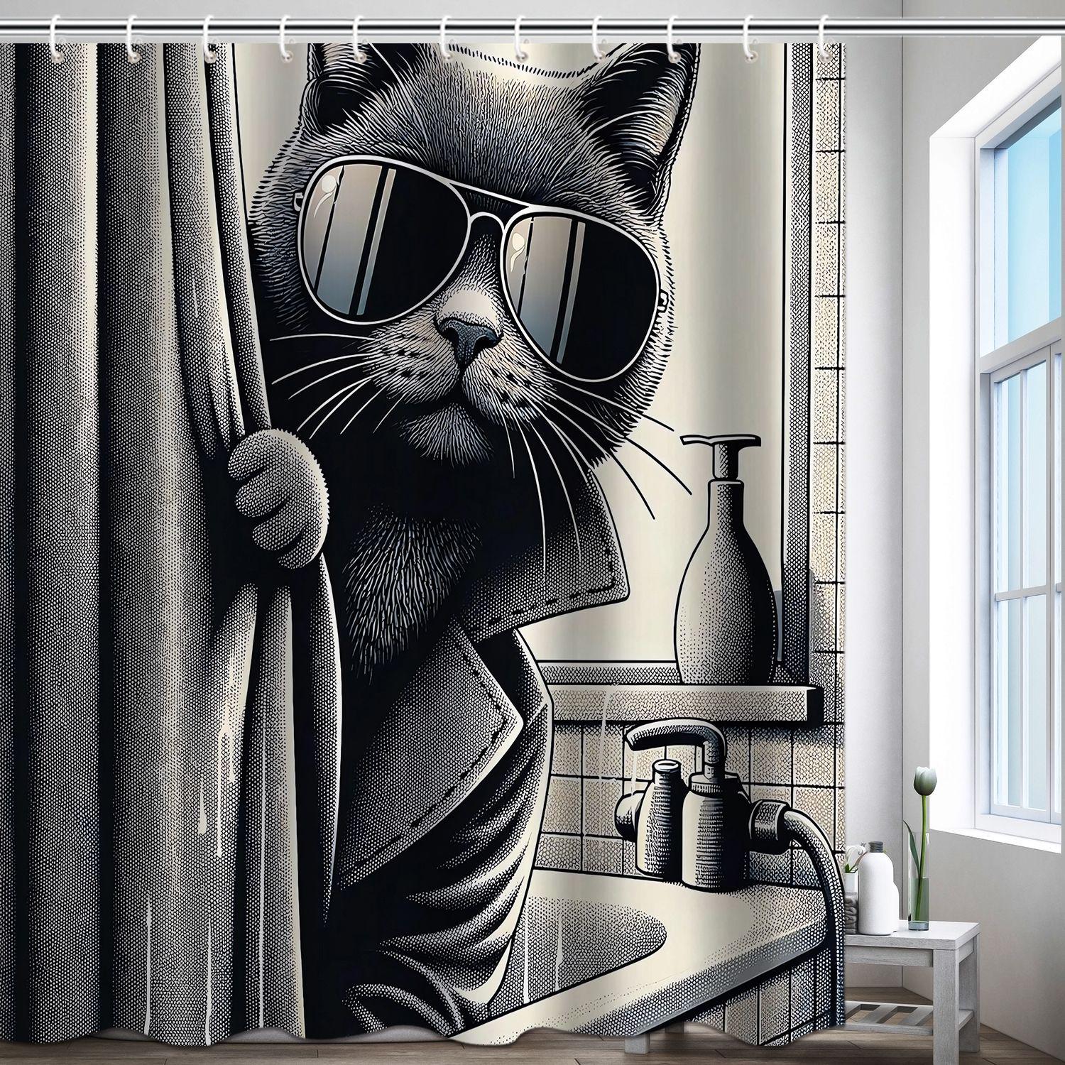 

3D Занавеска для душа с котенком и крючками - Полиэстер, Разделение сухой и влажной зон 180*180 with hooks