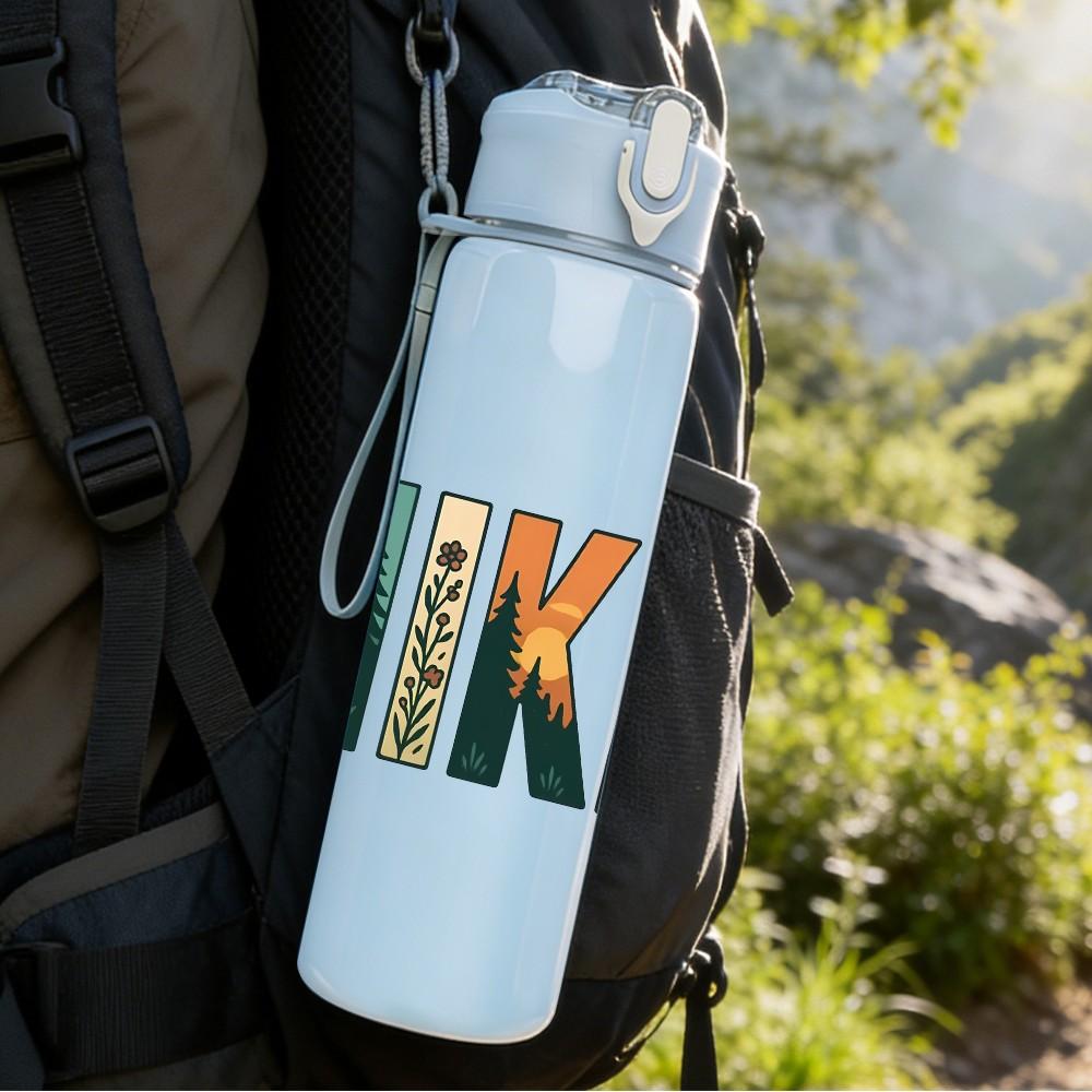 1PC Hiking Retro Bold Letter Text Print 750ml Color Plastic Sports Water Bottle Leakproof Flip Straw Lid Suitable for Sports Office Home Use