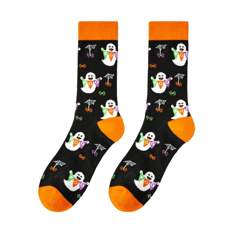 Halloween Themed Cotton Socks Elastic Cuffs Breathable Fabric Practical Wear Festive Ghosty Pumpkin Patterns