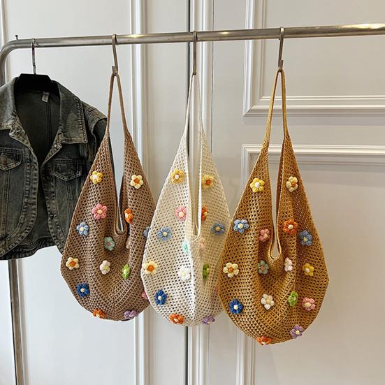 Sac à Bandoulière Bohème au Crochet Sac de Plage Tricoté avec des Fleurs Colorées Sac Cabas Léger Tissé pour Femmes Filles Vacances d'Été Voyage Pique-nique Shopping