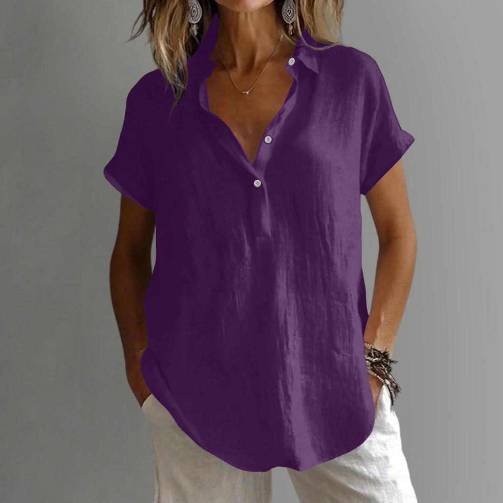 Women's Loose-Fit -Color Cotton-Linen Shirt: Casual Short-Sleeve Top