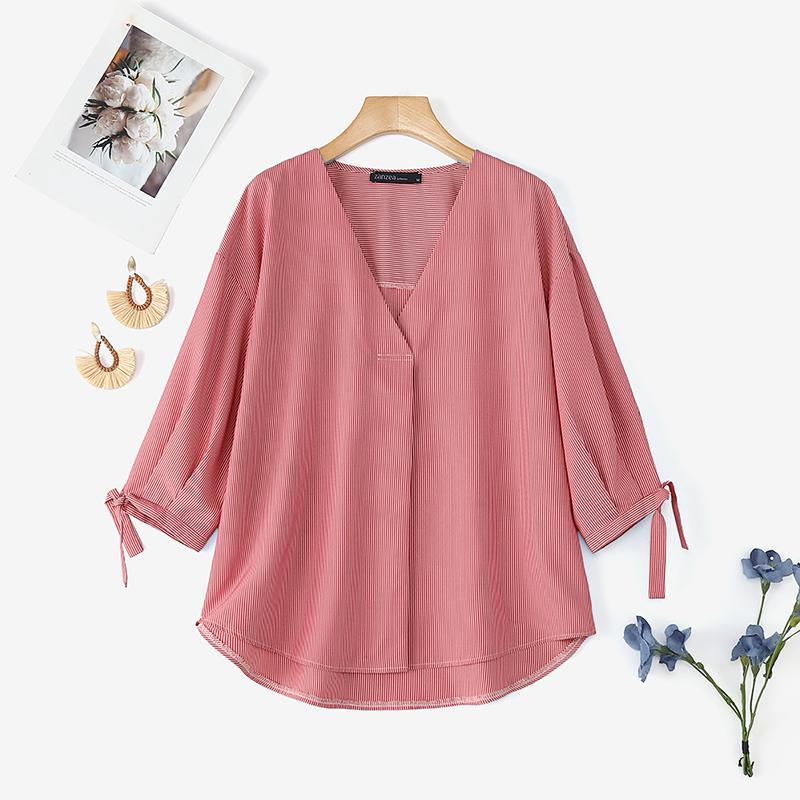 ZANZEA Women Casual Loose V Neck 3/4 Sleeve Plaid Print Irregular Blouse