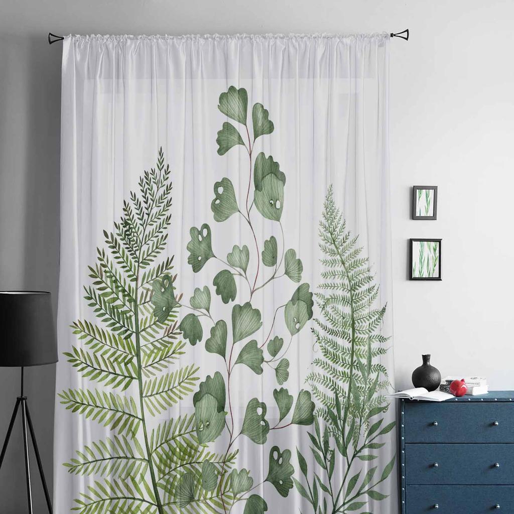 Grüne Farnpflanzen Tüll-Fenstervorhänge für Schlafzimmer Luxus-Wohnkultur Vorhänge im Wohnzimmer Chiffon-Paneele