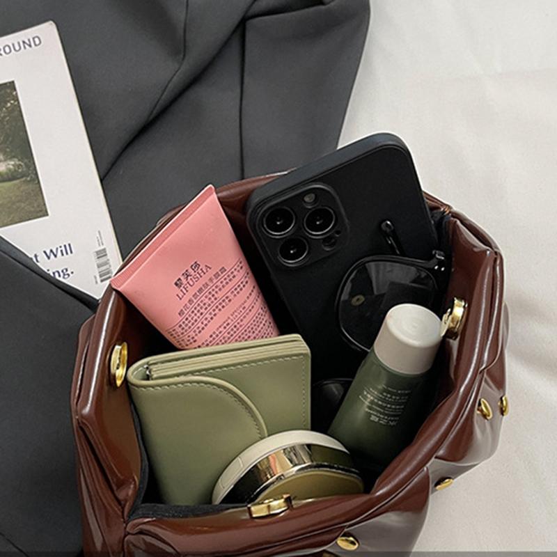 Yogodlns Simple Versatile Clip Evening Handbags for Women Solid Color Rivet Pleated Design Ladies Clutch Female Soft Pu Leather Purse