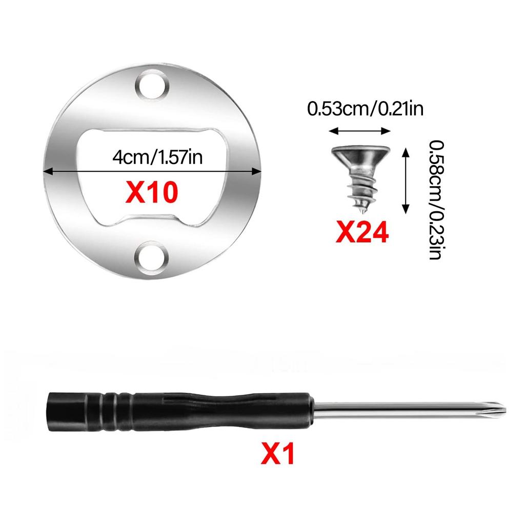 Balení 10 sad otvíráků na pivo Snadná instalace 40mm Kulaté Chromové Železné Otvíráky se šrouby a šroubovákem