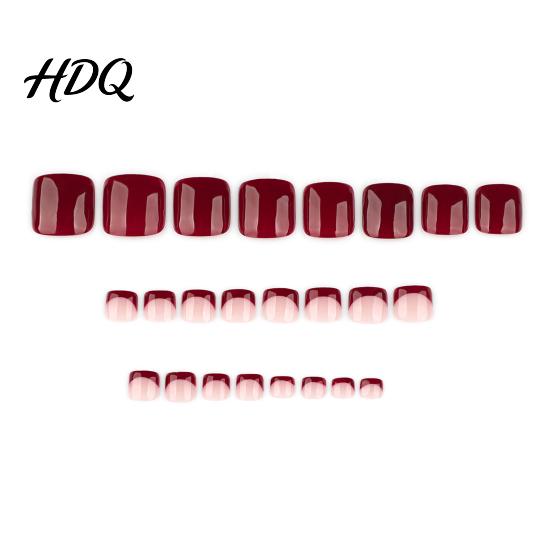 Nude Base Nails 24Pcs Wine Red French Tip Press on Toenails Short