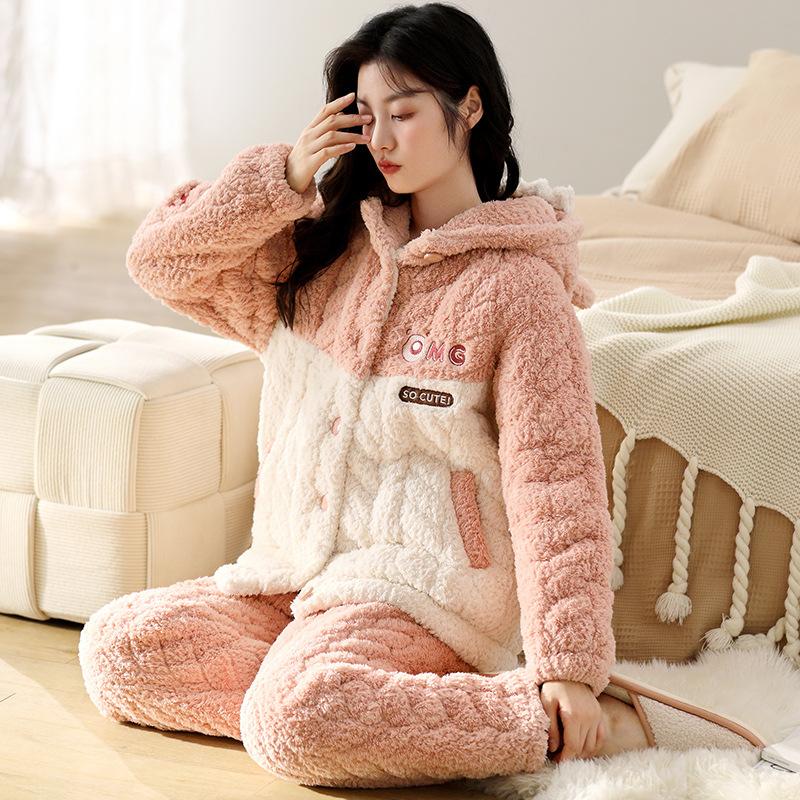 Coral Velvet Quilted Pajamas Women's Winter Three Layer Thick and Fleece Home Wear Women's Winter Flannel Thermal Set