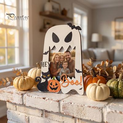 Waterproof Photo Frame Halloween Wooden Frame, Pumpkin Ghost Cat Cutout Picture Holiday Portrait Holder, Double-sided Tabletop Decor for Home