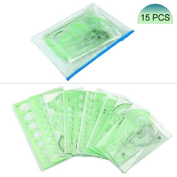 Angrox Geometric Drawings Templates Measuring Geometry Rulers 15 Pcs with 1 Pack File Bag for Design School Studying Office Building…