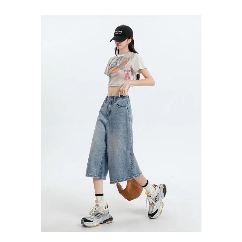 Women High Waist Wide Leg Denim Culottes Casual Light Blue Jeans