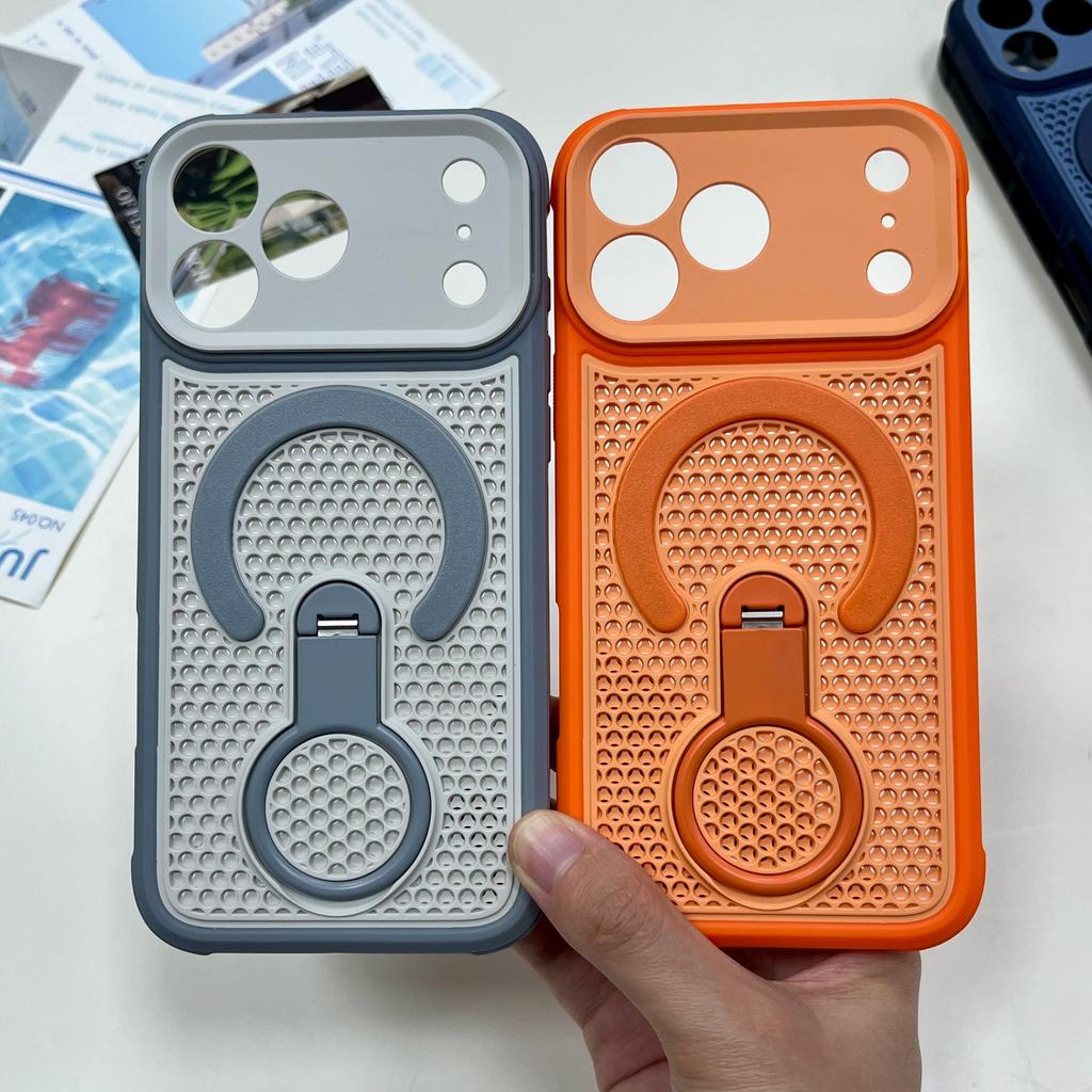 Heat Dissipation Magnetic Metal Grip Bracket Case For iPhone Air 17 16 15 14 13 12 11 Pro Max Plus For Magsafe Stand Phone Cover