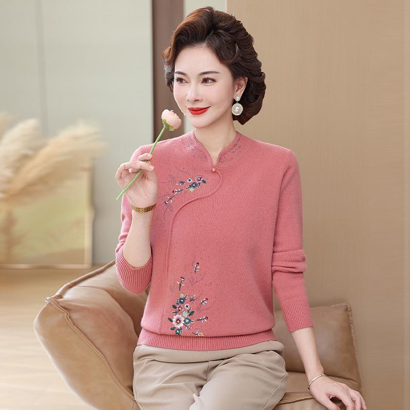 100% Pure Wool Autumn Winter Sweater for Moms - Stylish Qipao Collar Knitwear for Middle-Aged and Elderly Women.