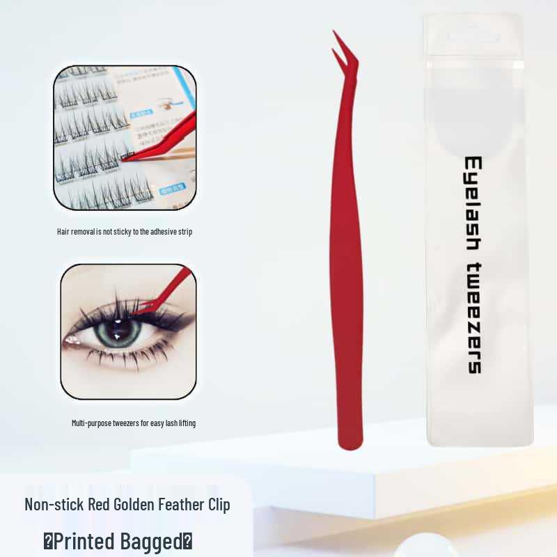 Golden Feather Adhesive-Free Eyelash Tweezers - Anti-Stick, False Lash Application Tool