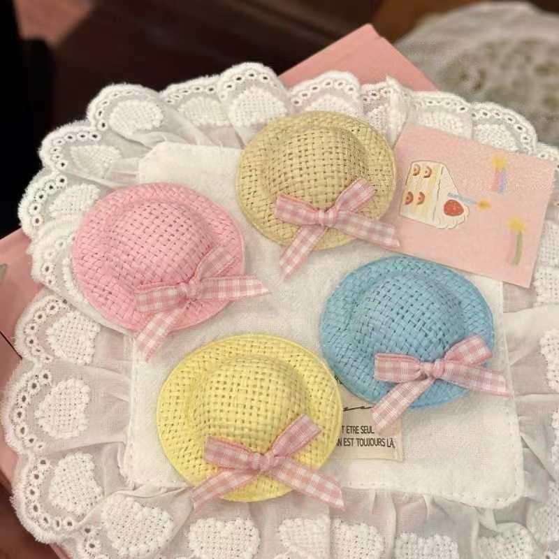 Cute Mini Straw Hat Hair Clips & Hair Ties No Hair Damage Soft Pastel Gingham Bows for Toddler Girls School Daily Wear
