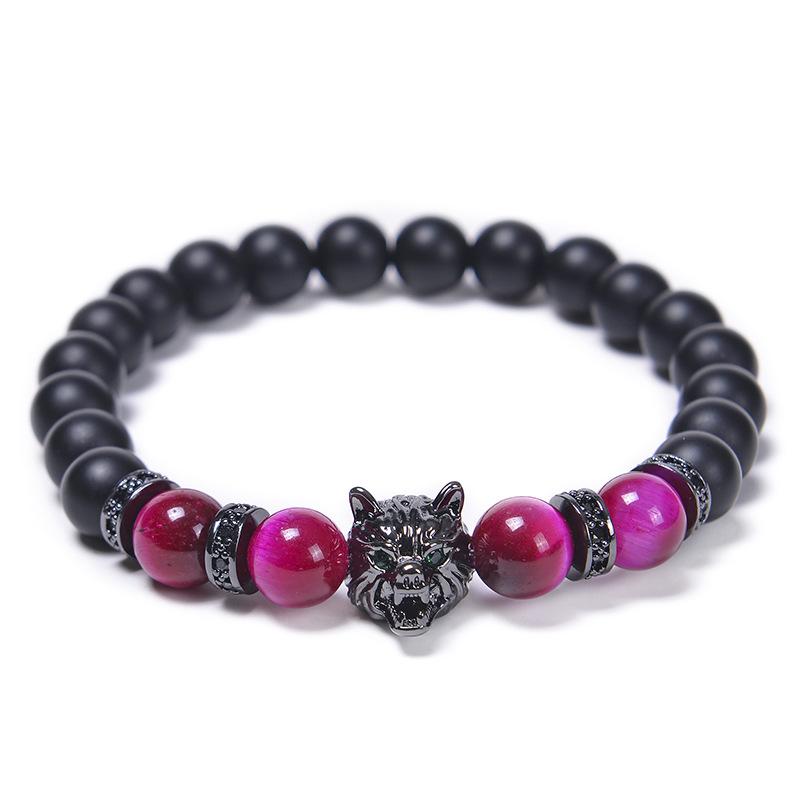 Wolf Charm Bracelets Men Natural Black Agates Onyx Stone Bracelet Brave Blue Tiger Eye Elastic 8 Mm Beads  Beaded Pulsera
