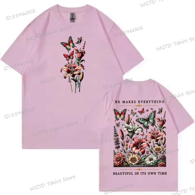 Christian Floral Vintage Boho T-shirt Women He Makes Everything Beautiful Graphic Tee Inspirational Retro Flower Religious Shirt