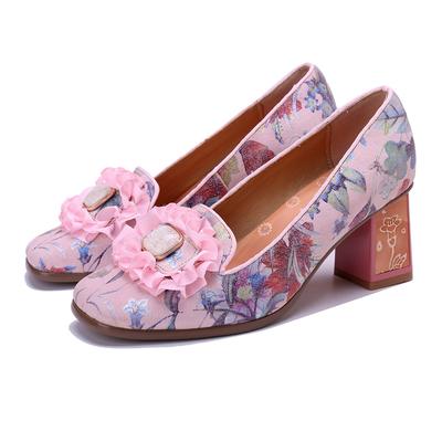 Genuine Leather Flower Pumps Retro Countryside Style Printed Thick Heel Comfortable High Heels