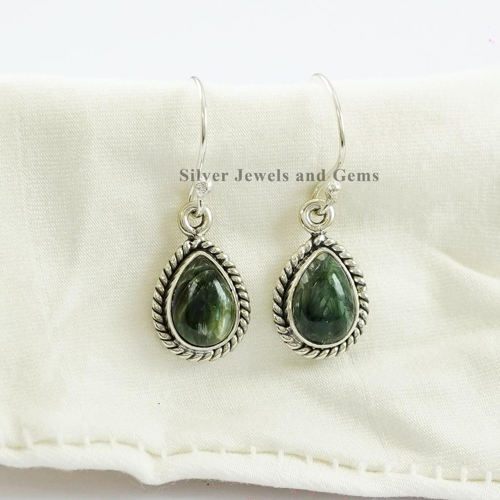 Natural Seraphinite Earring, Handmade Earring, 925 Sterling Silver Earrings, Dark Green Stone Earring, Gift for her, Dainty Earrings