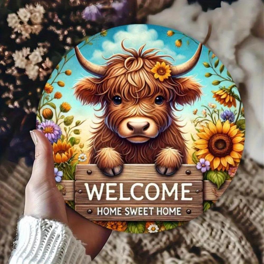 Hisun Tin Sign Vintage Welcome Home Sweet Home Highland Cow Metal Tin Sign Cute Floral Sunflower Round Wall Art Decor Rustic Farm Animal Cow