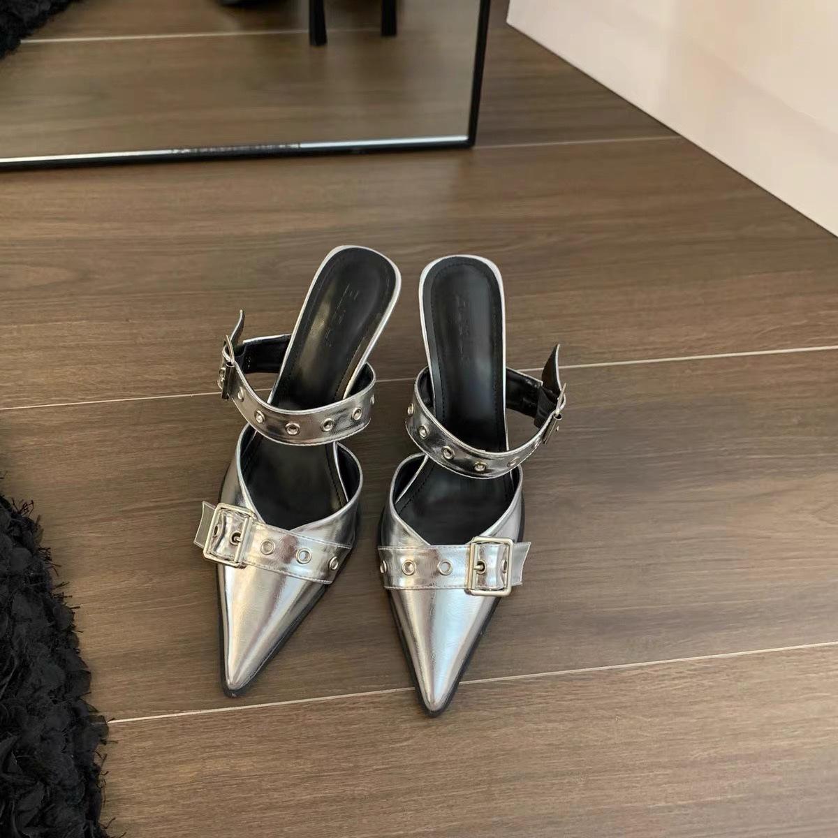 

European and American style pointed high heels women s summer 2025 new belt buckle metal outer wear temperament bag head half drag women 34 чёрный