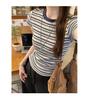 Women's American Retro Color Block Striped T-Shirt - 2025 Korean Style, Versatile Slim Fit, Round Neck