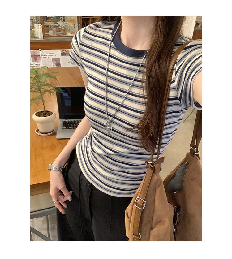 Women's American Retro Color Block Striped T-Shirt - 2025 Korean Style, Versatile Slim Fit, Round Neck