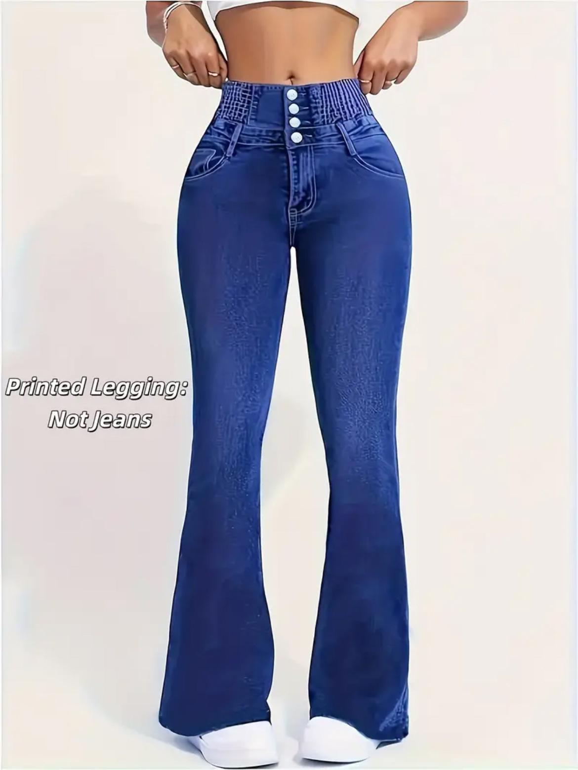 Women s High-Waisted Elastic Slimming Faux Denim Print Casual Flare Pants L темно-синий