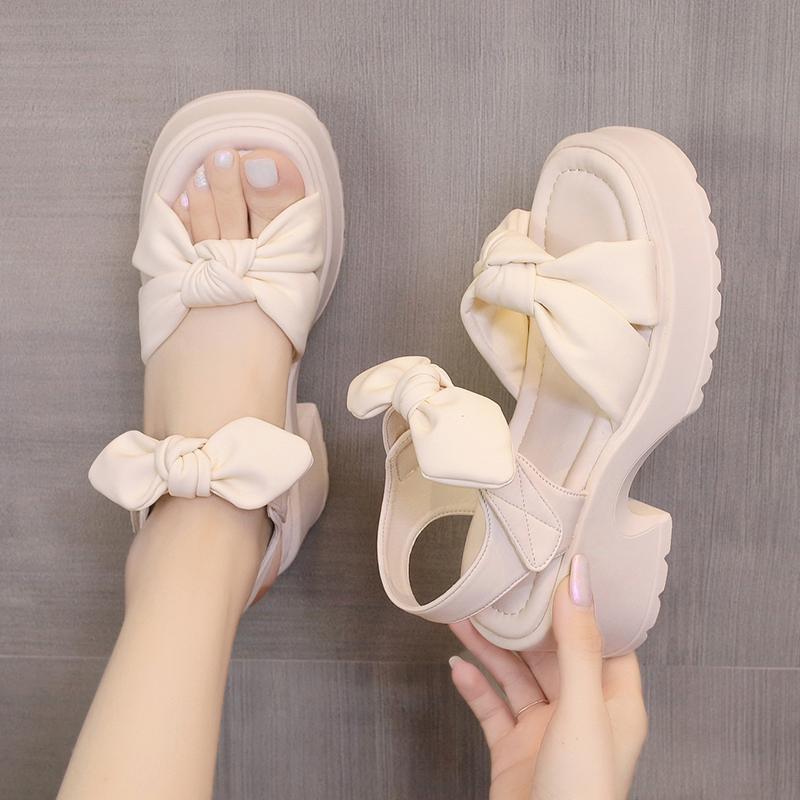 Women's Shoes Outdoor One Word Sandals for Woman Roman Style Black Bow Footwear Summer 2025 Platform with Youthful Emo Offer