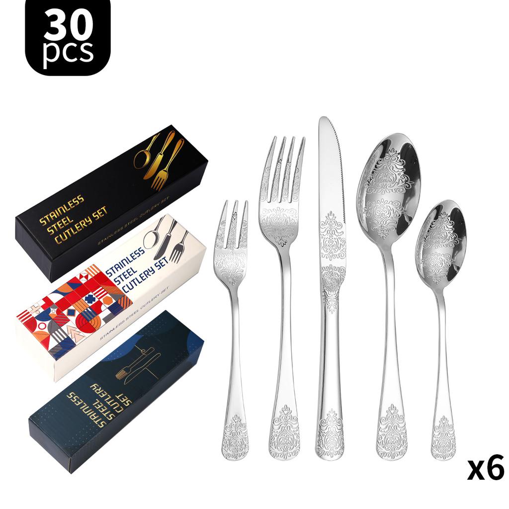 Double-Headed Flower Pattern Tableware Knife, Fork and Spoon 430 Stainless Steel Advanced Western Tableware 5 Main Pieces Suit
