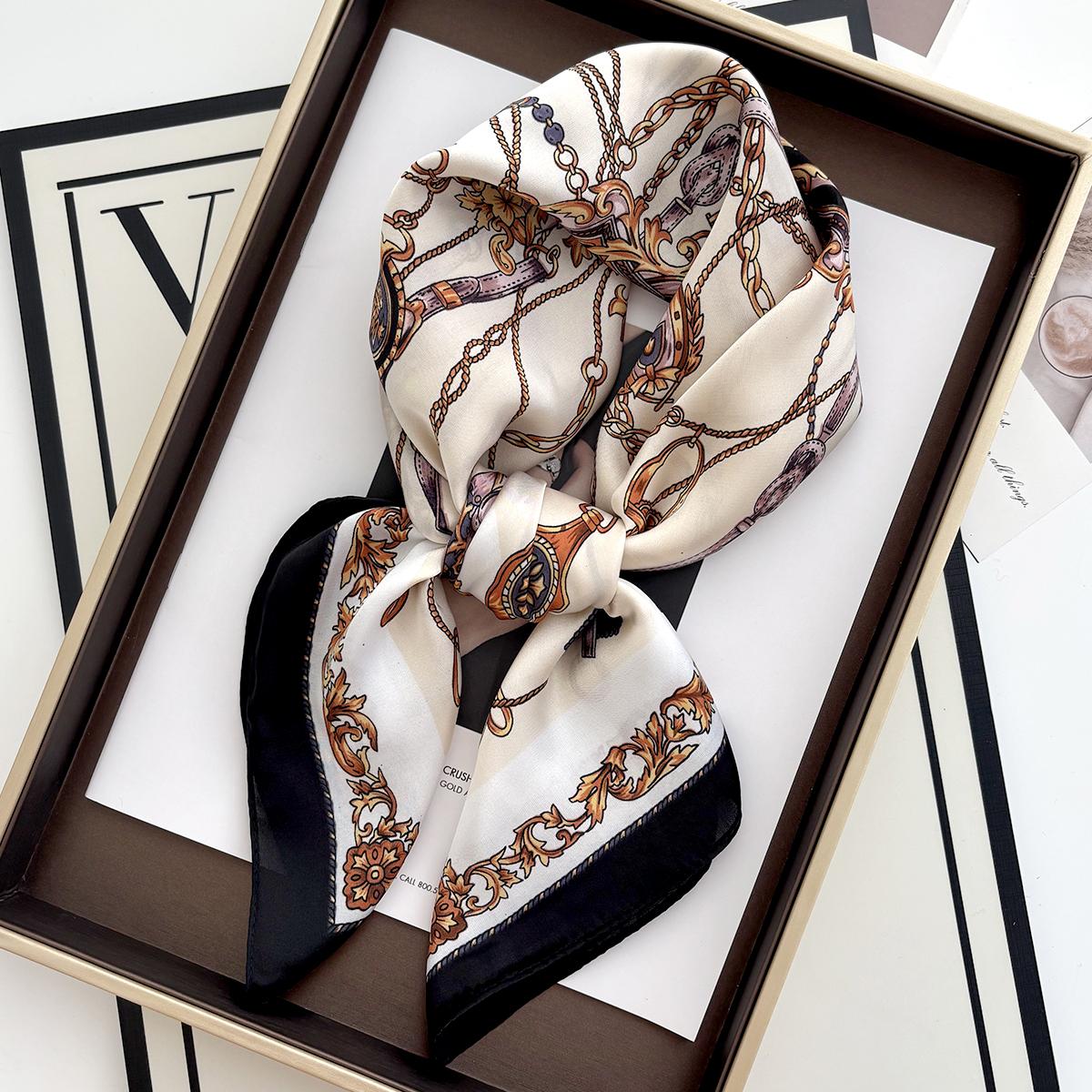 

Luxury Flower Print Designer Scarf Soft Satin Women Scarves Bandana Hijab Neckerchief Shawl Kerchief Hair Band Foulard Lady 70x70CM