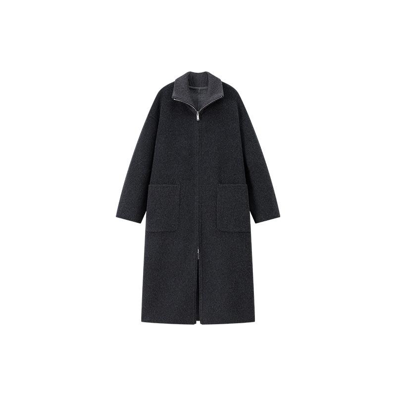 

Knitted stand-up collar splicing double-sided cashmere coat women s autumn and winter minimalist long zipper woolen coat S