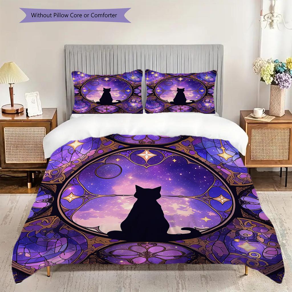 Black Cat Pattern Bedding Quilt Set Quilt Cover Pillowcase Home Decoration Birthday Gift (1 * Duvet Cover + 2 * Pillowcase, Without Core)
