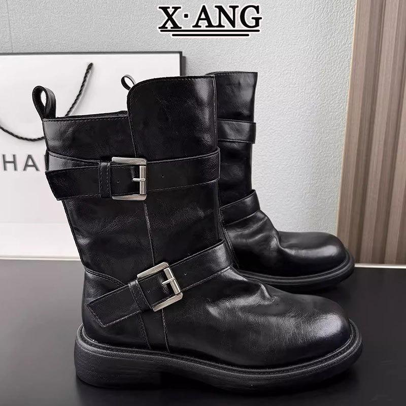 Sheepskin version retro belt buckle Martin boots women's medium boots thick heel locomotive thin boots stack boots knight boots