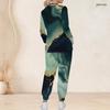 Women Plus Size V Neck Long Sleeve Printed Pocket Turquoise Scrub Set Two Piece Nursing Uniform