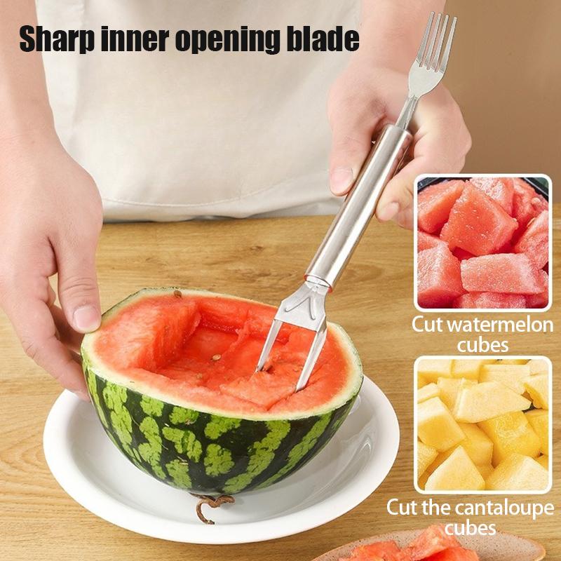 2 in 1 Watermelon Fork Slicer Multi-purpose Watermelon Slicer Cutter Knife Stainless Steel Kitchen Fruit Divider Cutting Fork