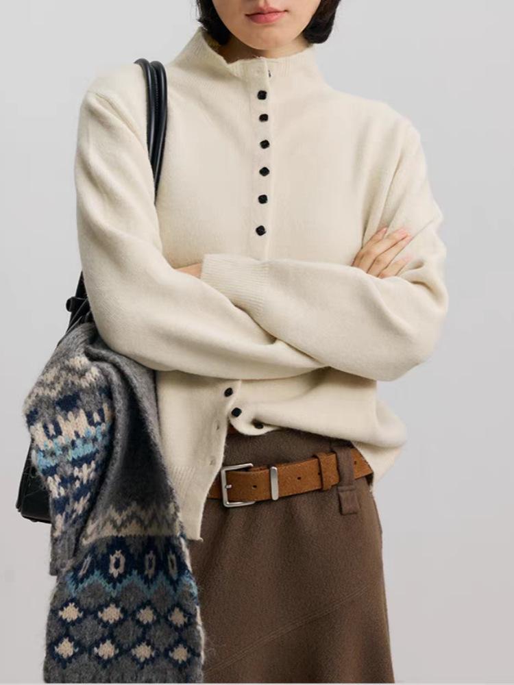 Women's Pure Wool Stand Collar Button-Up Cardigan - Loose Slim Fit Knit Base Layer Top with Long Sleeves for Autumn and Winter