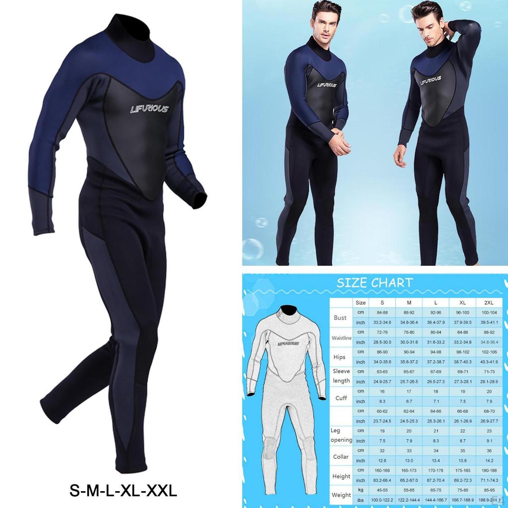 Mens Wetsuit, 3mm Neoprene Full Body Diving Suits with Back Zipper for Swimming Surfing