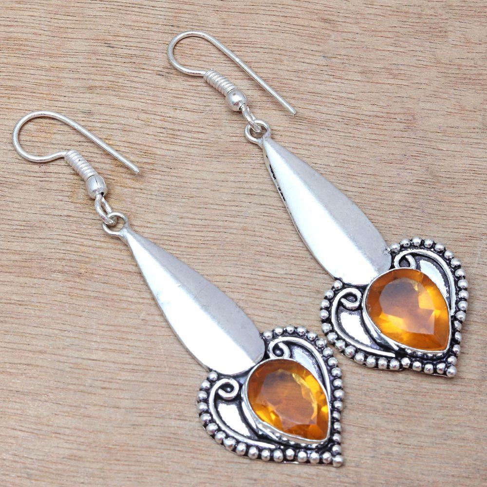 Citrine Quartz Gemstone Handmade Silver Jewelry Earrings 1.5''