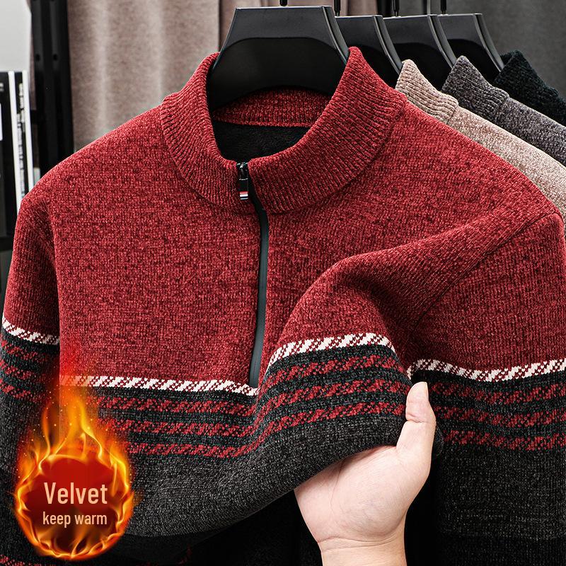 Men's Warm Chenille Half-High Collar Zipper Sweater - Velvet Knitwear for Autumn/Winter
