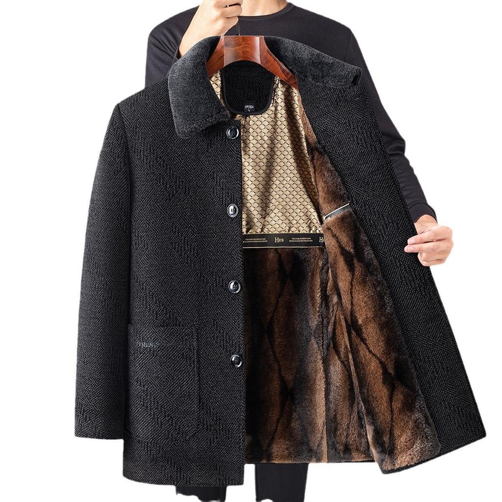 Winter Fur Collar Woolen Coat for Middle-aged and Elderly Men, Plush Lining and Thickened Graphene Heat Storage Jacket
