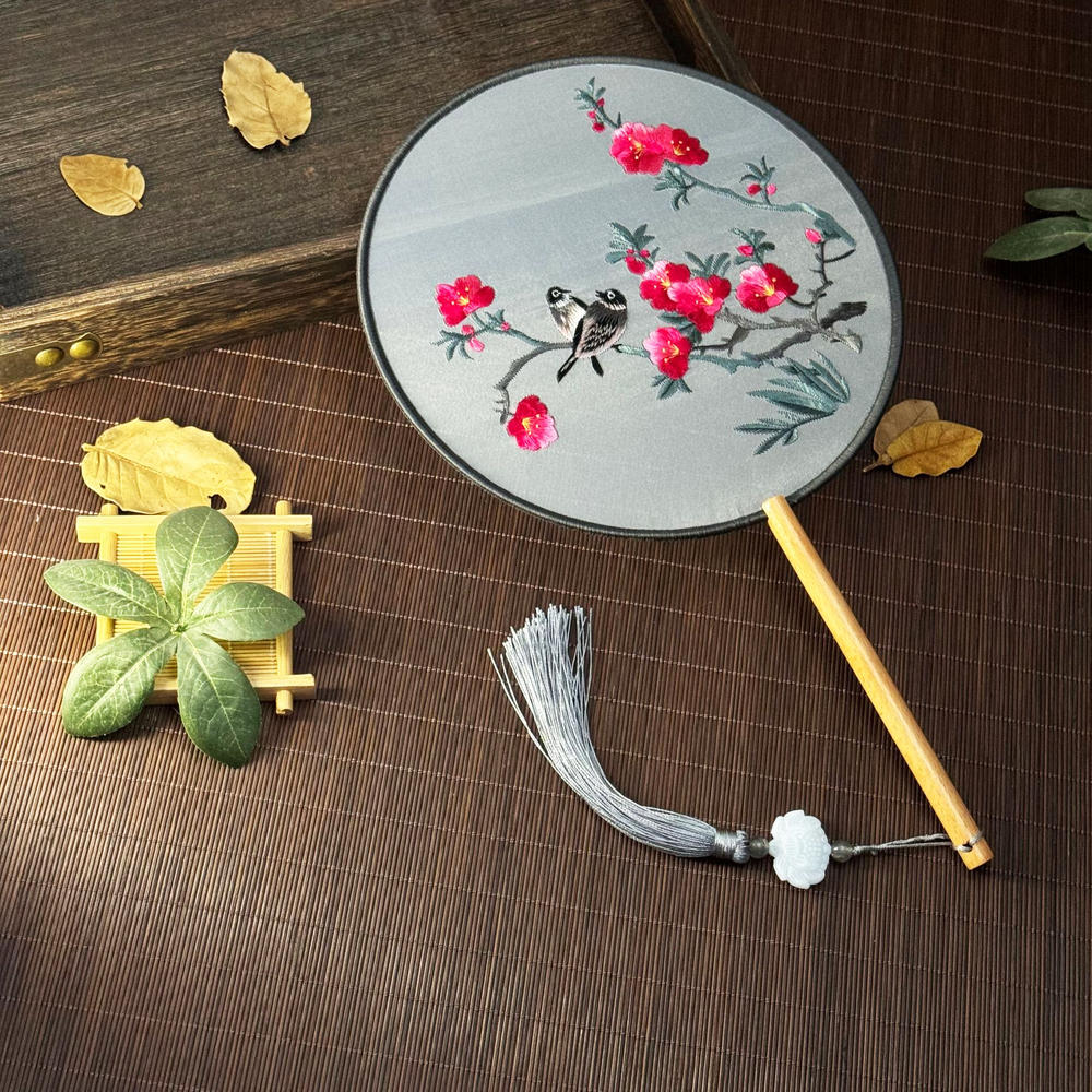 Red Flower Silk Fan Double Sided Embroidery Round Fan Chinese Palace Hanfu Hand Fan Craft Wedding Gift For Guests Home Decor