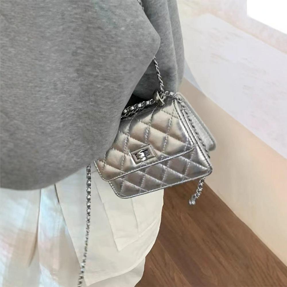 Mini Silver Bag Women's 2025 New Trendy Fashion High-end Diamond Chain Bag Single Shoulder Crossbody Small Square Bag