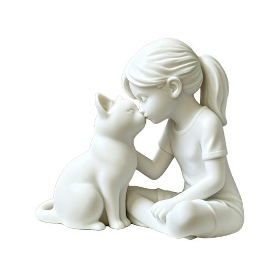 3D-печатная статуэтка девочки и кошки Милая девочка с котенком Фигурка Смола Настольная белый