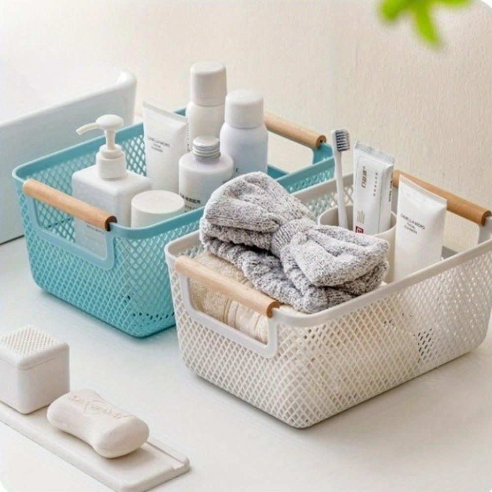 Wood Handle Sundry Storage Basket Rectangle Woven Mesh Basket Household Organizer