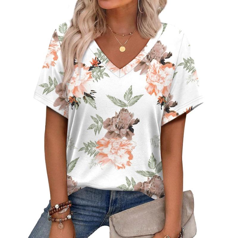 New Casual High-quality Retro Style 3D Women's Short Sleeved V-neck T-shirt