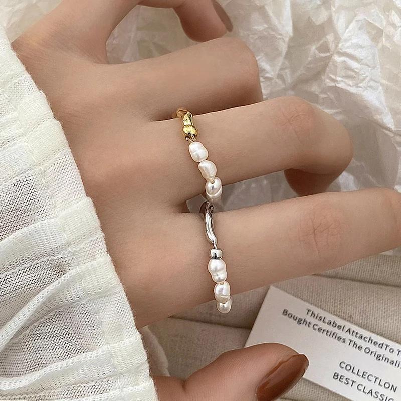 PONYKISS  Sterling Silver Freshwater Pearl Elastic Rope Rings for Women Trendy Round Fine  Minimalist Accessories